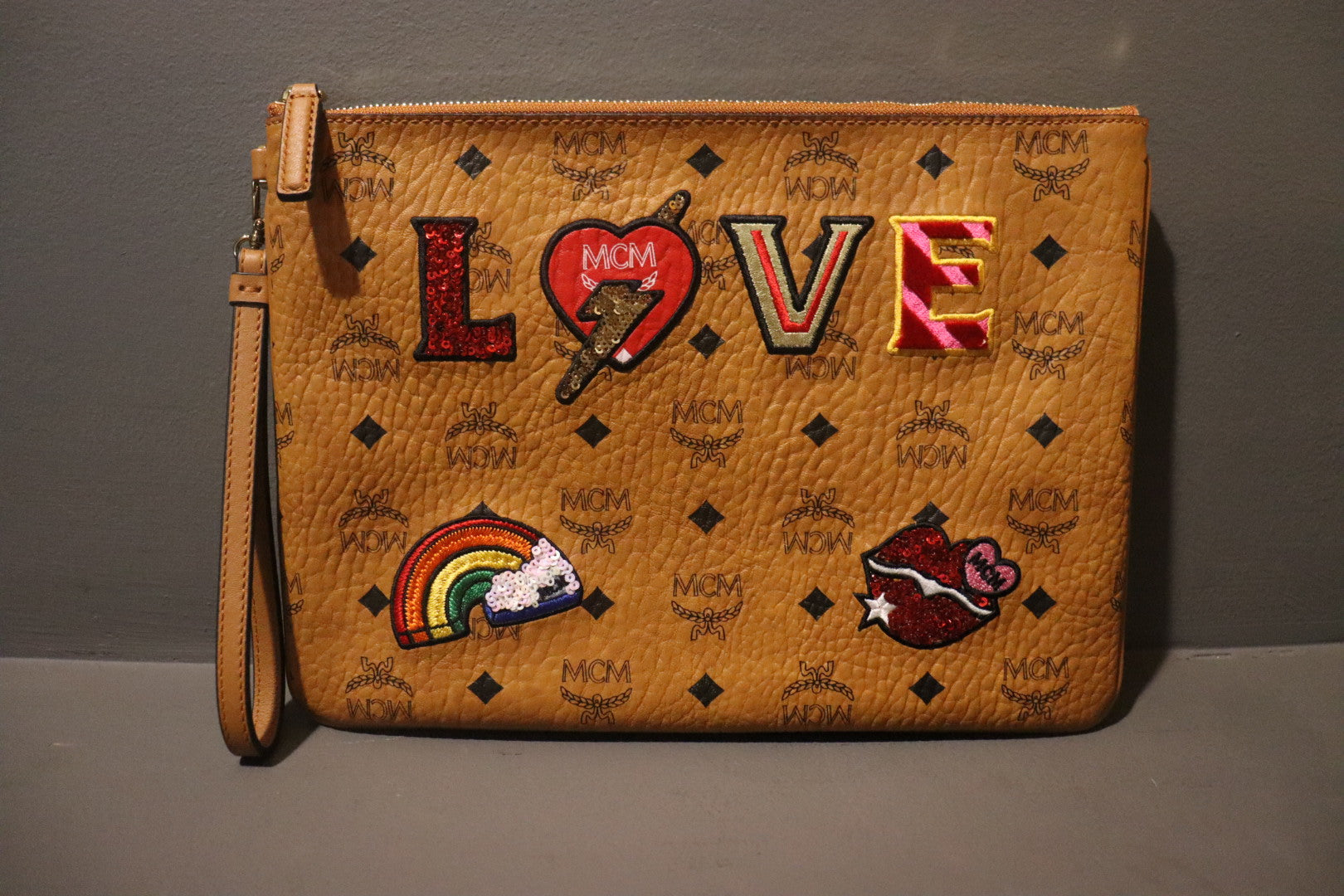 Wristlet Zip Pouch in Love Patch Visetos Devenir Luxury Resale